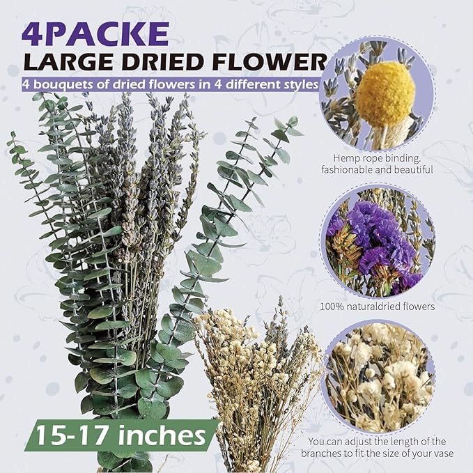 4 Pack Large Lavender Dried Bouquet 15-17 Inch, Handmade Dried Floral Flowe for Wedding Decor, DIY Vase Arrangement, Photo Backdrops, Wedding Lapel Flowers and Home Floral Display