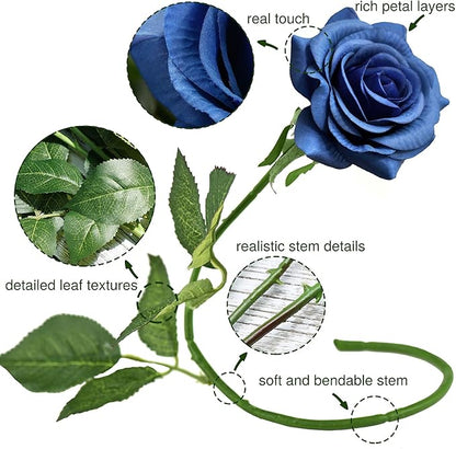 FiveSeasonStuff Silk Roses Artificial Flowers for Decoration, Home Decor Centerpiece for Tables, Wedding Bridal Bouquet of Flowers Real Touch Roses 12 Stems (Royal Blue)