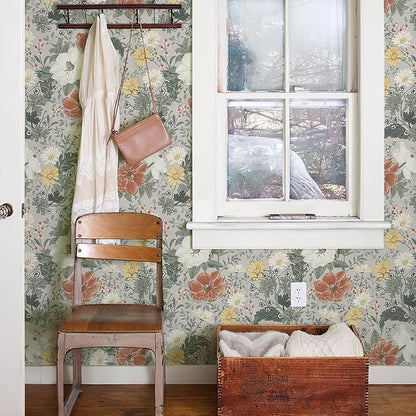 Simon&Siff Vintage Wallpaper Peel and Stick Modern Floral Wall Paper Farmhouse Botanical Contact Paper Removable Renter Friendly Wallpaper for Cabinets Countertop Wall 200" x 17.3"