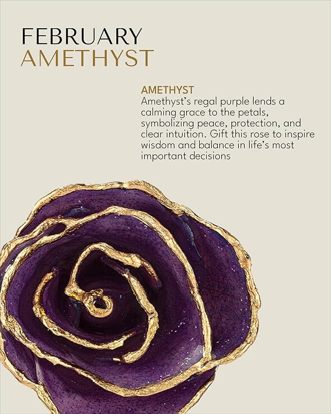 Forever Rose Hand-Dipped in 24K Gold, Amethyst-Inspired February Birthstone with Sparkles, Real Rose in Luxury Gold Gift Box – Perfect Ready to Gift for February Birthday or Any Occasion