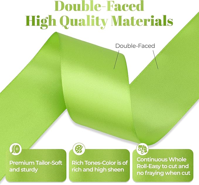 Apple Green Satin Ribbon, Double Faced 2 Inch X 50 Yards Apple Green Ribbon, Premium Satin Ribbon for Gift Wrapping, Crafts, Hair Bow Making, Sewing, Flower Bouquet, Wedding Party Decor
