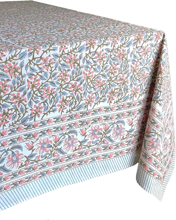 ATOSII Kalina 100% Cotton Fall Rectangle Tablecloth, Handblock Print Floral Table Cloth for Kitchen Dining Linen I Weddings Outdoors Easter Spring Summer I 72 X 108 Inches I 8 Seater