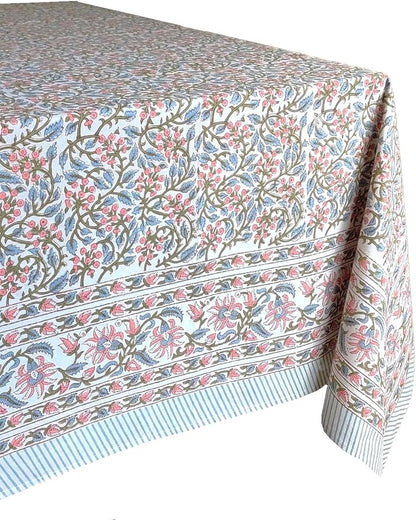 ATOSII Kalina 100% Cotton Rectangle Tablecloth, Handblock Floral Linen Table Cloth for Kitchen Dining Table I Parties Wedding Outdoors I Home Decor 60 X 108 Inches