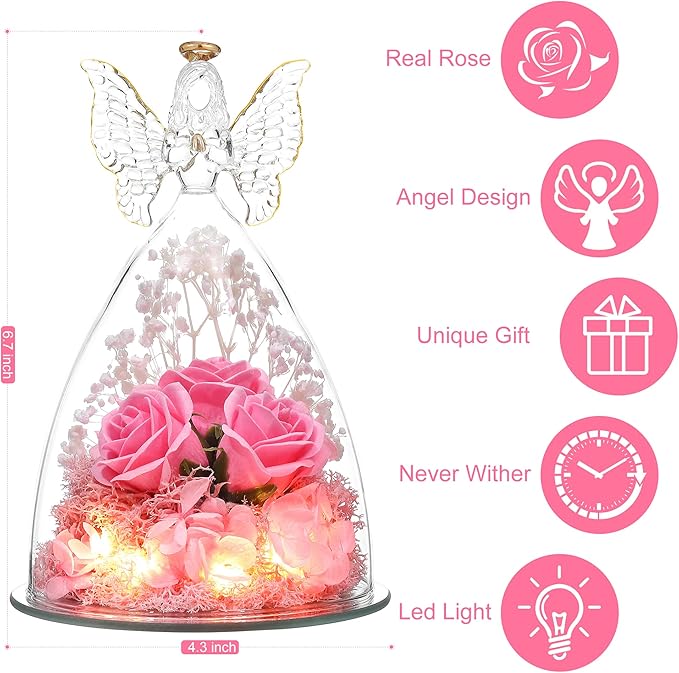 Mothers Day Mom Gifts for Women Preserved Flowers in Glass Angel Forever Flowers Gifts Eternal Roses Gifts for Grandma - Pink