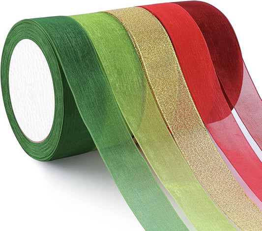 Organza Ribbon Sheer Ribbon, 1" x 125 Yd 5 Rolls Christmas for Gift Wrapping, Bouquet, Wedding, Party Decoration, Christmas