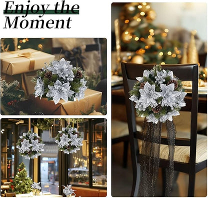 BLOSMON Poinsettias Artificial Christmas Flowers: 6 Pcs Silver Glitter Fake Christmas Floral Ball Centerpieces Decoration for Tables Silk Faux Poinsettia Holiday Flower Arrangement Xmas Plants Decor