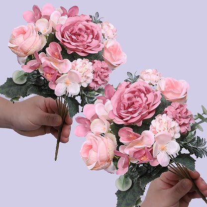 2 Pack Artificial Peony Flowers, Silk Peonies Flowers Fake Peonies Artificial Flowers Peonies Hydrangea Bouquet for Centerpiece Table Wedding Party Home Decor (2, Rose + Pink)