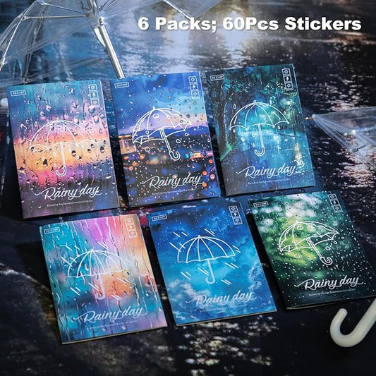 60Pcs Rainy Day PET Stickers, Large Landscape Journal Stickers for Scrapbooking and Planners, Waterproof Craft Supplies