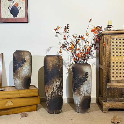 Rustic Ceramic Tall Floor Vase,15.7 Inch Black Large Pottery Farmhouse Decor Floor Vase for Living Room Entryway Table Centerpiece Decor,Vintage Terracotta Vases,Wedding Gift