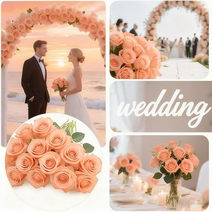 Tangerine Pink Roses Artificial Flowers 15 PCS, Fake Roses Silk Flowers with Long Stems, Faux Rose for Wedding Centerpieces, Home Decor, Party Decor, DIY Bouquet (Tangerine Pink)
