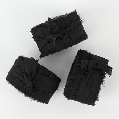 MEEDEE Black Chiffon Ribbon 1 Inch Frayed Ribbon Chiffon Silk Ribbons Black Fringe Thin Chiffon Ribbons for Crafts, Gift Wrapping, Wedding Invitation (3 Rolls 21 Yards)