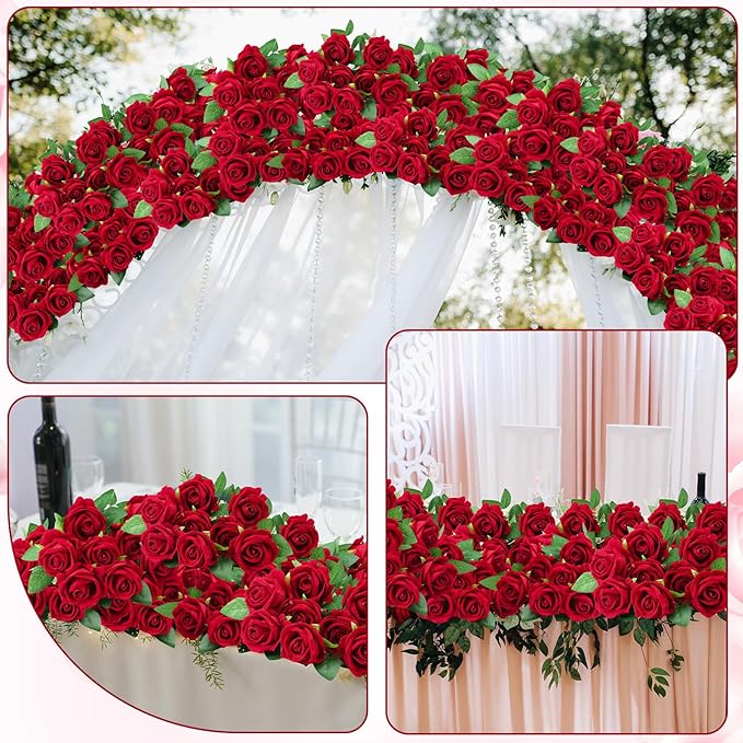 80 Pcs Roses Artificial Flowers, Silk Crimson Burgundy Artificial Flowers Petals Long Stem Roses for Wedding Bouquet Home Party Decor