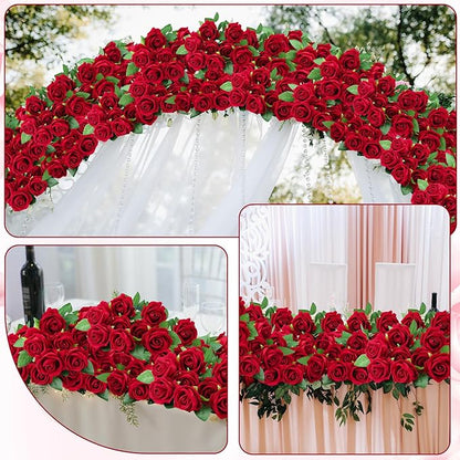 80 Pcs Roses Artificial Flowers, Silk Crimson Burgundy Artificial Flowers Petals Long Stem Roses for Wedding Bouquet Home Party Decor