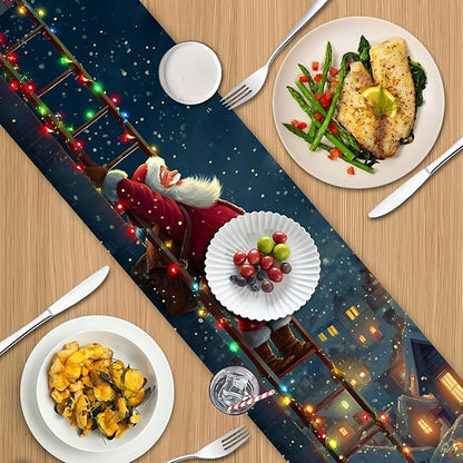 Christmas Table Runner– Festive Santa Claus Climbing Ladder Design with Holiday Lights & Snowy Village, Winter Table Decoration for Dining Table, Kitchen, Party & Home Décor