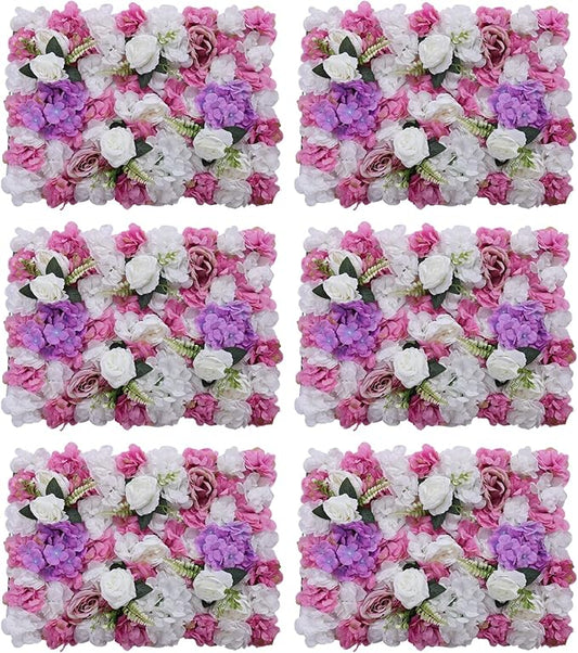 Flower Wall Backdrop, 6 Pcs Flower Wall Panels Artificial Floral Wall Background for Wall Decoration in Wedding Sites, Birthday Parties Per Panel 56-59 Flowers 24 x 16 Inch