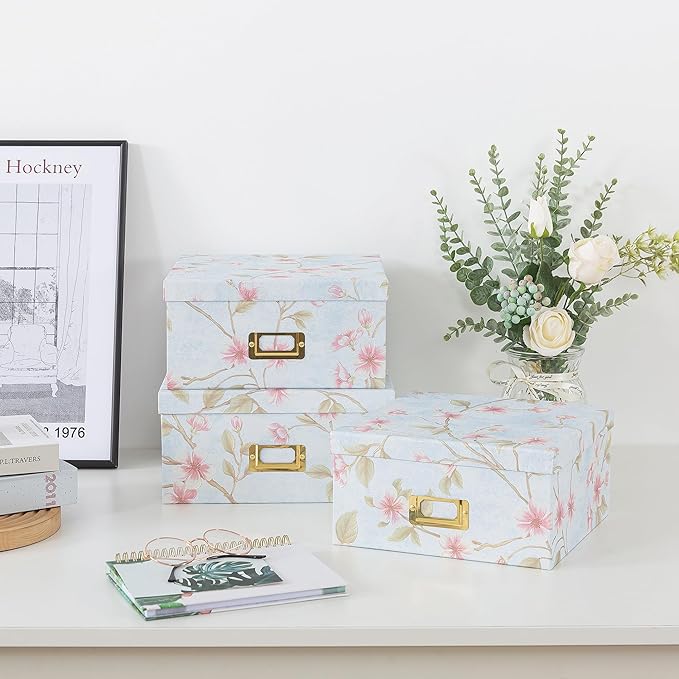 Soul & Lane Decorative Cardboard Storage Boxes - Set of 3 Square Stacking Boxes with Lids and Gold Label Holders, Nesting Photo Storage for Decor and Organizing, Pale Blue