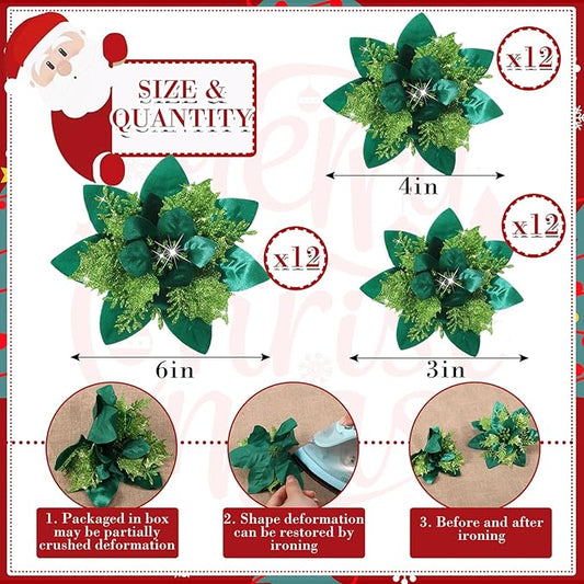 Geosar 36 Pcs Christmas Glitter Artificial Poinsettia Flowers Xmas Poinsettia Artificial Wedding Flowers Decorations Xmas Tree Ornaments with Clips for Party, 6 Inch, 4 Inch, 3 Inch(Grass Green)