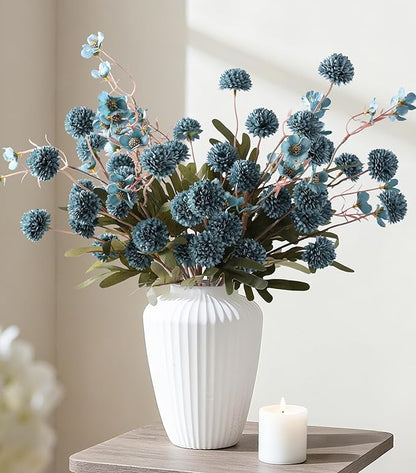 HyeFlora Fake Kiku Flowers,Faux Silk Pompon Mums 40heads Artificial Flowers,Chrysanthemum Stems Floral Arrangement Dried Flowers Vintage Decorative Indoor Home Vase Decor Blue with Wax
