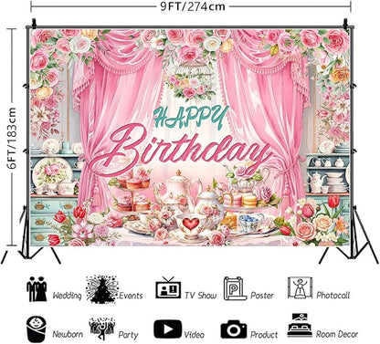 Tea Party Backdrop Let's Partea Happy Birthday Photography Background Wonderland Pink Rose Floral Teapot Women Tea Party Decor Banner Portrait Photo Booth Studio Props 9x6ft FU084YL