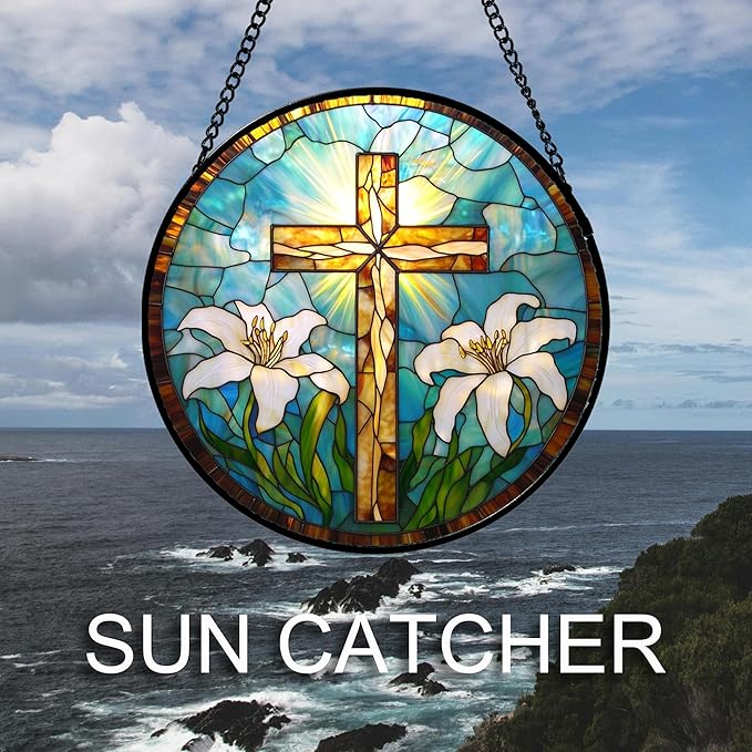 Christian Gifts for Women - Cross Stained Glass Window Hanging Jesus Easter White Lily Flower Sun Catcher Garden Religion Decor Mother's Day Catholic Gift for Men Grandma Mom Her Nana 11.8"