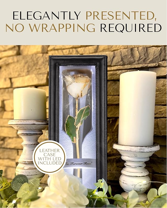 Forever Rose Hand-Dipped in 24K Gold, Diamond-Inspired April Birthstone with Sparkles, Real Rose in Leather Case with LED Light – Perfect Ready to Gift for April Birthday or Any Occasion