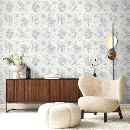 Cream White and Blue Peel and Stick Wallpaper Vintage Floral Contact Paper 16.9"x 196.8" Blue Floral Wallpaper Peel and Stick Birds Self Adhesive Removable Wall Paper for Bedroom Bathroom
