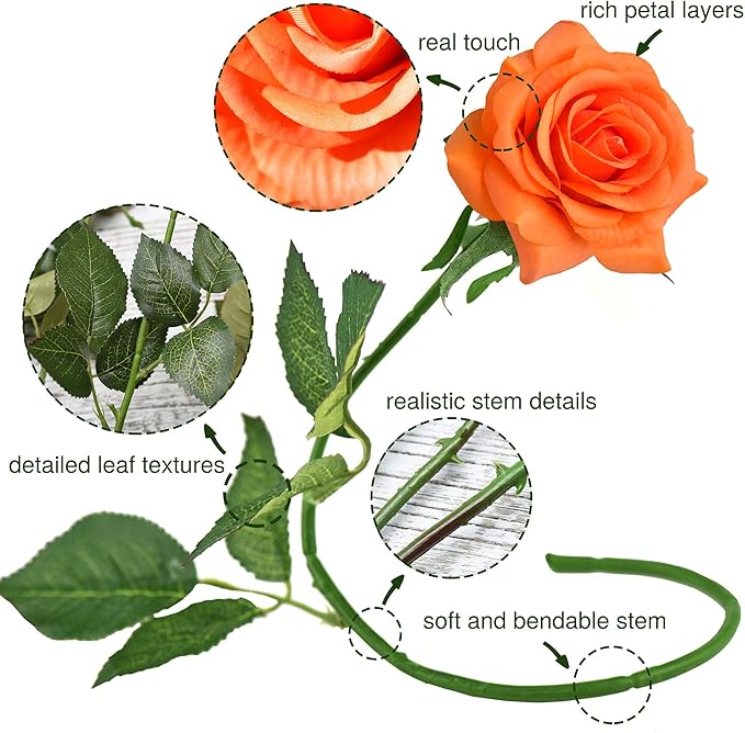 FiveSeasonStuff Silk Roses Artificial Flowers for Decoration, Home Decor Centerpiece for Tables, Wedding Bridal Bouquet of Flowers Real Touch Roses 12 Stems (Burnt Orange)