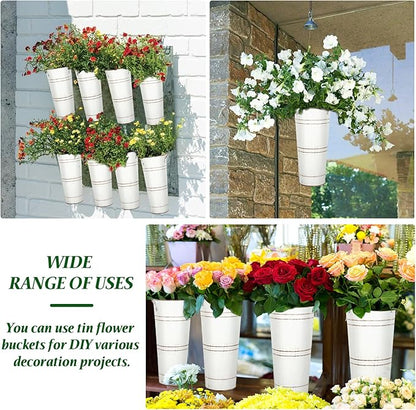 9 Inch High Galvanized French Bucket Vase with Handle 6Pcs White Metal Farmhouse Flower Vases Ideal for Dried Floral Arrangements at Home for Weddings Gift Spa and Aromatherapy Settings O4