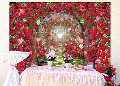 Valentines Day Flowers Garden Backdrops Red Rose Spring Floral Scene Photography Backdrop Girls Birthday Bridal Shower Wedding Party Decorations Banner Photo Booth Props (7x5FT(82 x 59 inch))