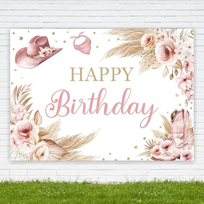 Riyidecor Pink Cowgirl Happy Birthday Backdrop Western Bohemian Pampas Flower 7Wx5H Feet Polyester Fabric Boots Hats Photography Background for Women Girl Table Decor Banner Studio Photo Shoot