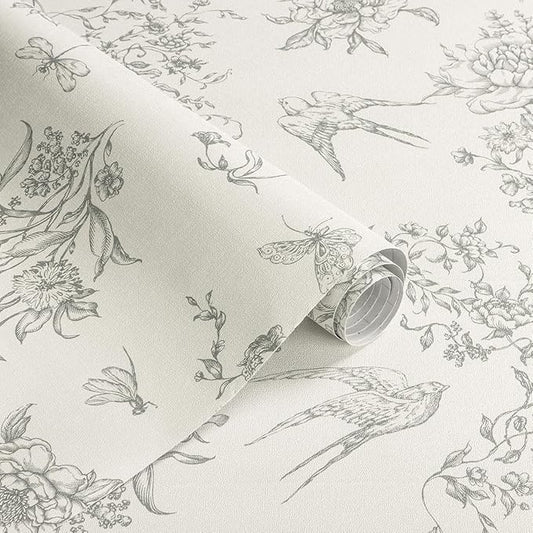 Cream White and Gray Peel and Stick Wallpaper Vintage Floral Contact Paper 16.9"x393.7" Floral Birds Self Adhesive Removable Wallpaper Grey Flowers Decorative Wall Paper for Bathroom Cabinets