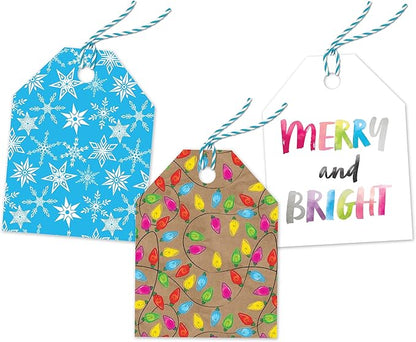 Pro Supply Global 24 Count of 2.5 Inch x 3 Inch Pre Strung Chirstmas Lights Gift Tag Assorted Printed Designs on Large Cardstock Gift Hang Tags - Ideal to Use on Bags