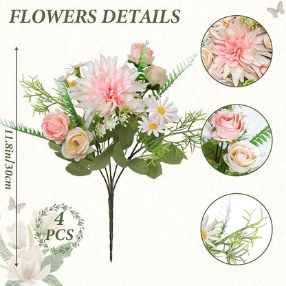 4PCS Artificial Flowers Dahlia Bouquet Fake Flowers Pink Silk Roses Daisies Faux Floral Arrangements for Dining Table Centerpieces for Kitchen Bridal Bouquet Wedding Party Home Decor