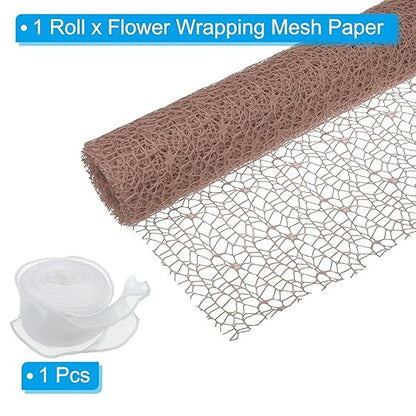 PATIKIL Flower Wrapping Mesh Paper, 15ft Floral Bouquet Craft Packaging Hollow Net Yarn with Ribbon for Flowers Gift Packaging, Khaki