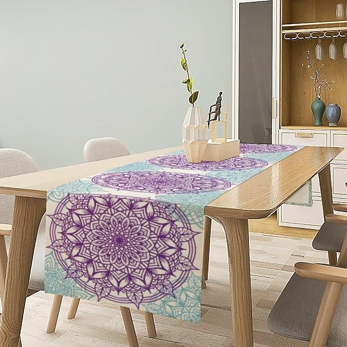 Boho Mandala Table Runner, Purple Blue Bohemian Floral Table Decor Runner for Kitchen Dining Indoor Outdoor Party Decoration, 13x108 Inch