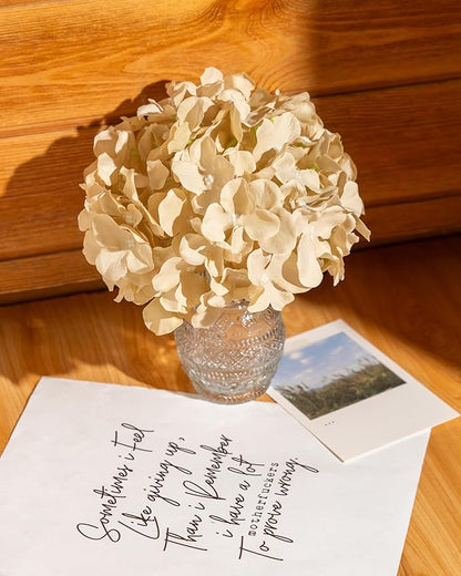 DuHouse 8.7" Silk Hydrangea Flower Heads with Stems Fake Hydrangeas Flowers for DIY Wedding Centerpiece Home Decor, Pack of 6(Sand)