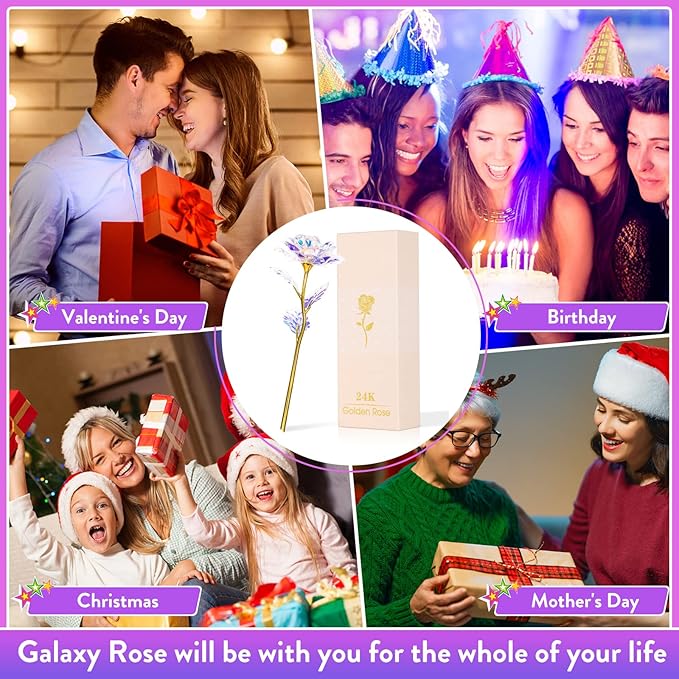 Birthday Gifts for Women Mom, Galaxy Glass Rose Forever Preserved Flowers Eternal Crystal Roses Christmas Rose Gifts for Grandma Wife Sister Her Friends, LED Colorful