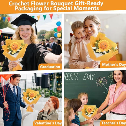 Handmade Crochet Flower Bouquet – Finished Knitted Sunflower & Daisy Flowers, Faux Floral Arrangement, Ready-to-Gift for Mother’s Day, Teachers, Graduation, Birthday, Wedding, Home & Office Décor