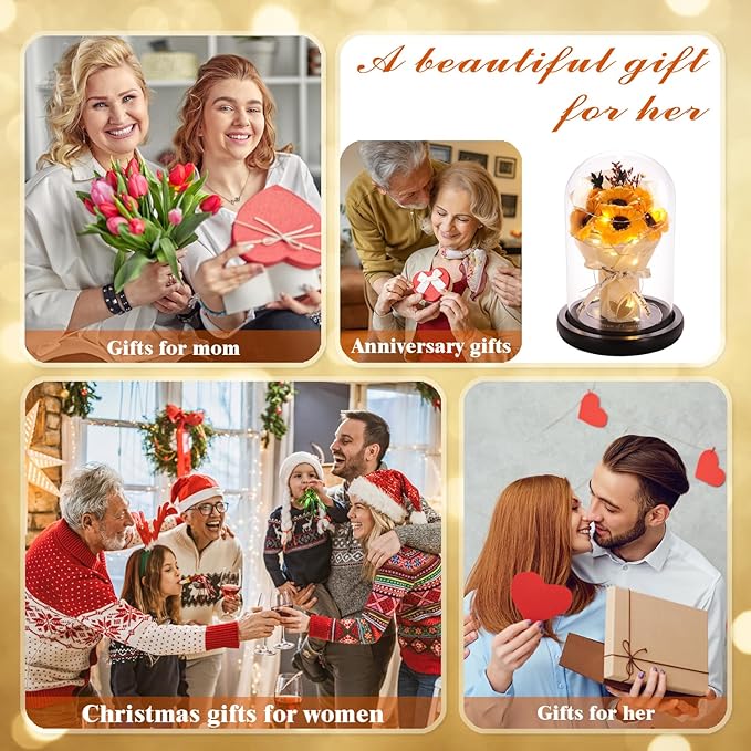 Christmas Sunflower Gifts for Mom-Preserved Artificial Rose Flower Gifts for Women Friends Sister Sunflower Gifts for Her,Light Up Rose in A Glass Dome-Thankgiving Xmas Birthday Valentines Anniversary