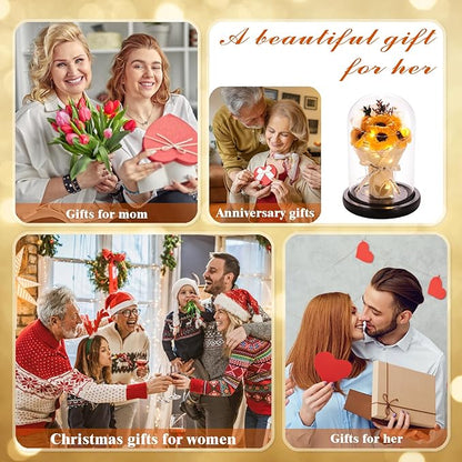 Christmas Sunflower Gifts for Mom-Preserved Artificial Rose Flower Gifts for Women Friends Sister Sunflower Gifts for Her,Light Up Rose in A Glass Dome-Thankgiving Xmas Birthday Valentines Anniversary