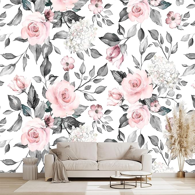 Grey Leaf Pink Flowers Wall murals Floral Peel and Stick Wallpaper for Bedroom Living Room - 96"x137"