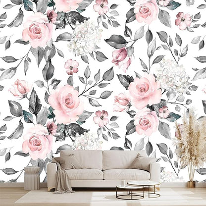 Grey Leaf Pink Flowers Wall murals Floral Peel and Stick Wallpaper for Bedroom Living Room - 85"x118"