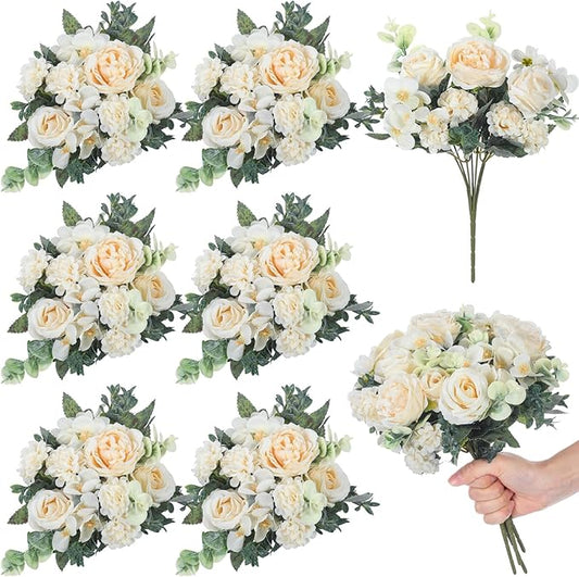 6 Pcs Artificial Peony Silk Florals Fake Mix Silk Peony Rose Faux Flower Hydrangea Bouquet Elegant Realistic Wedding Floral Centerpiece for Home Party Table Arrangement (Champagne)
