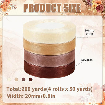 DECYOOL 4 Rolls 200 Yards Organza Ribbon for Gift Wrapping, 4/5 inches Wide Neutral Earth Tones Sheer Chiffon Ribbon Fabric Ribbon for Wedding Birthday Bouquet Wrapping Bows DIY Crafts