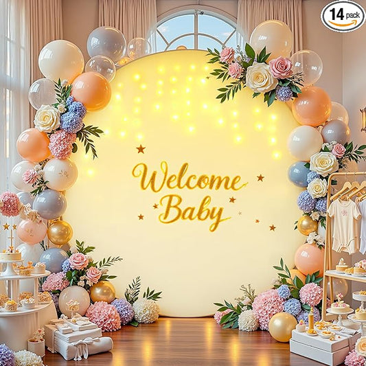 6.6 FT Beige Round Backdrop Cover with Lights String for Circle Arch Stand Circle Backdrop Covers with LED Fairy Lights for Wedding Arch Bridal Baby Shower Birthday Party Photo Photography Background