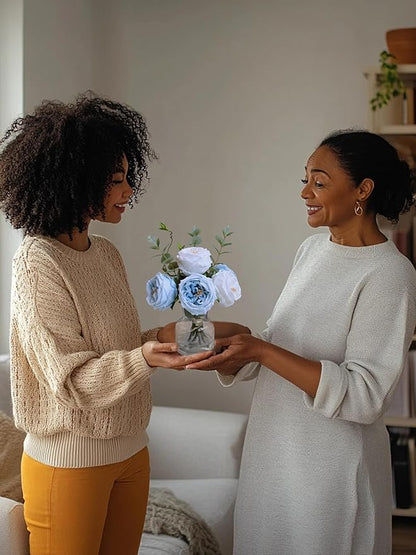 Forlaoers White Blue Roses Floral Artificial Flowers with Vase Silk Flower Arrangements in Fake Water Fake Flower Bouquet Centerpieces for Dining Center Table Decor Home Farmhouse Office Decorations