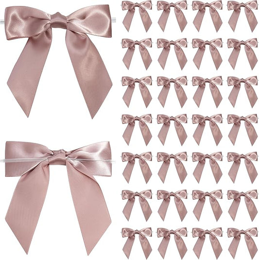 Dusty Rose Satin Ribbon Twist Tie Bows 5 Inch Pre-Tied Dusty Pink Gift Bows for Crafts, Treat Bags, Party Favors, Wedding, Baby Shower, Candy Apple, Christmas Tree (36 Pack)