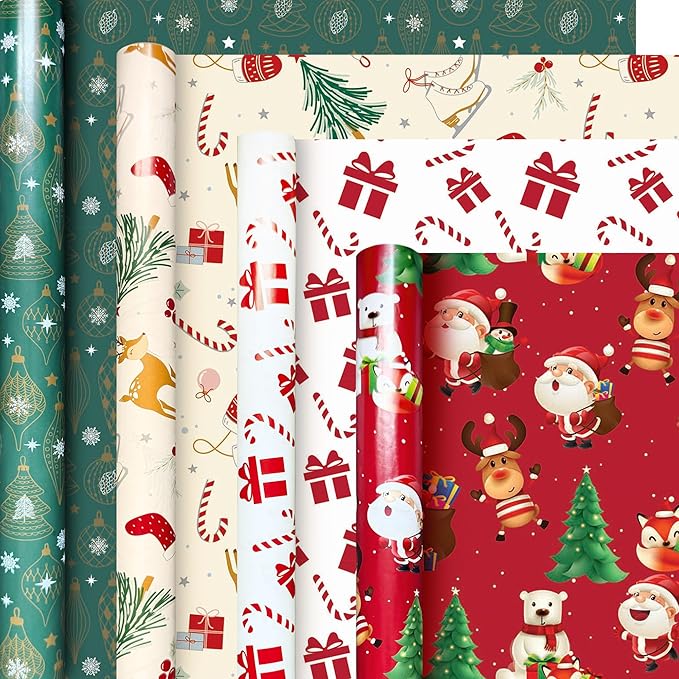 4 Rolls Christmas Wrapping Paper, 30 Inch x 14.8 Feet per Roll, Totaling 148 sq. ft. – Ornaments, Santa, Reindeer & Gift Box Designs, Eco-Friendly & Durable Coated Paper Gift Wrap for Christmas Presents & Holiday Decor