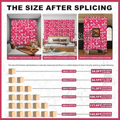 Artificial Flower Wall Backdrop 16pcs 16.5x16.5 Inch Silk Rose Floral Panels Ideal for Wedding Celebrations, Festive Party Backdrops, and Elegant Home Decor-Pink and Rose Red