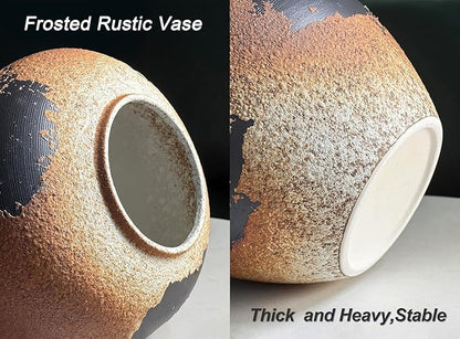 GeLive Round Ceramic Vase Brown Rustic Textured Moon Jar Table Centerpiece Pottery Vase Decorative Planter Pot Flower Container for Fresh Dried Plants Home Decor Kitchen Utensil Holder